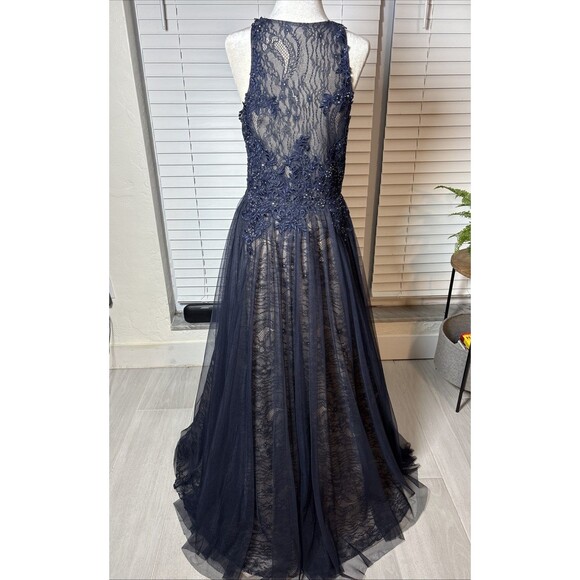 Xscape Navy Blue Lace Beaded tulle overlay Evening Gown Size 8 Formal Prom - Picture 5 of 17